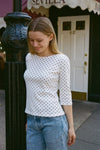 White with Navy Polka Dots